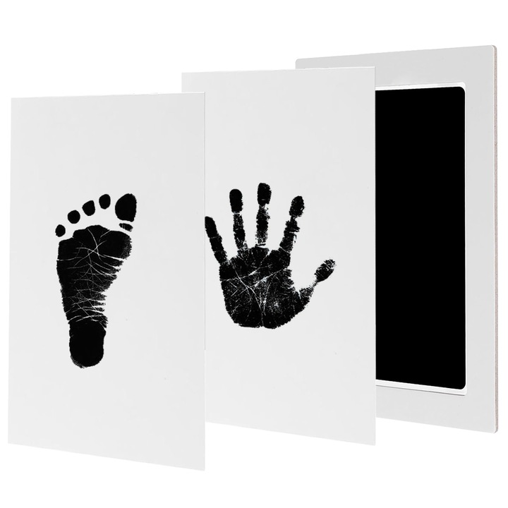 Kit amprenta cu pentru maini si picioare bebelusi, Minetgnon®, Nu este nevoie sa va spalati pe maini, non-toxic, Vine cu 2 coli de hartie alba, 58x95 mm, Negru