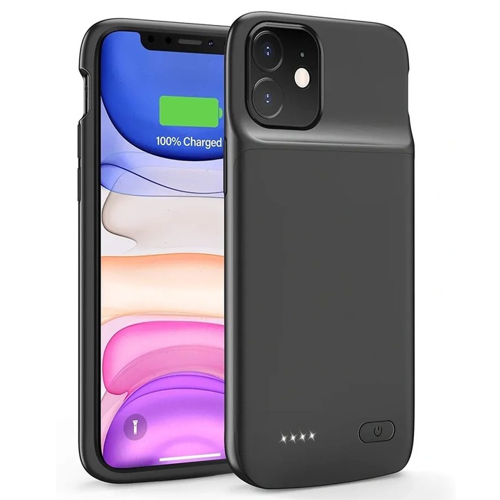 Husa de protectie cu baterie externa LUMAUDiO® iShell, Compatibila cu iPhone 11, 5000 mAh, Negru