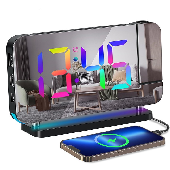 Ceas de masa cu proiectie, luminozitate si volum reglabile, porturi USB C, 168x97x40mm, negru