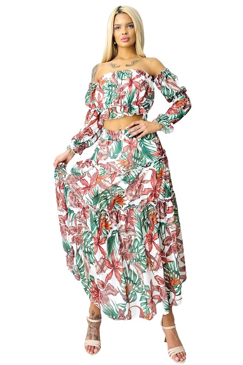 Compleu Bernolda, fusta vaporoasa si camasa cu umerii goi, Strelitzia, Marime universala S/M/L