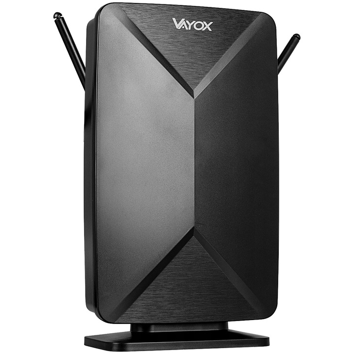 Antena TV Vayox VA0248, pentru televiziune terestra DVB-T/DVB-T2, Cu amplificator, interioara, VHF, UHF, FULL HD, 4K, filtru LTE 4G, Cablu 8m, 5V, Negru