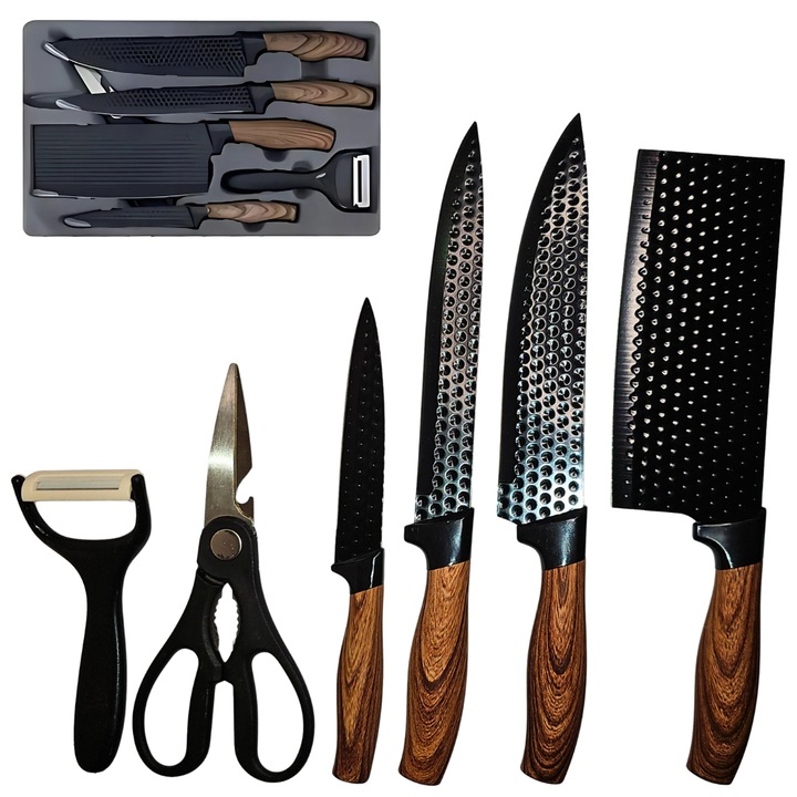 Set cutite bucatarie, din inox, LUDORA®, 6 piese, 4 cutite de bucatarie, 1 foarfeca din otel inoxidabil, 1 cutit din ceramica, de decojit, pentru fructe, legume, carne, cutie depozitare inclusa