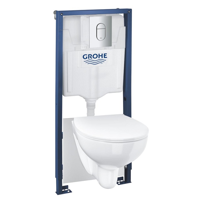 Fali WC komplett csomag Grohe Bau Ceramic 36504000, keret, Grohe WC, Perem nélküli, SoftClose, króm szárny, fehér