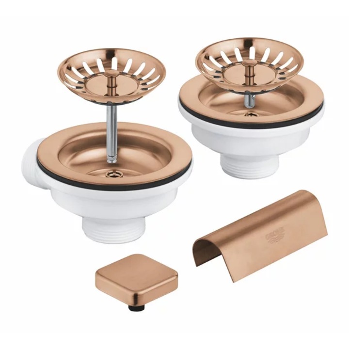 Sifon chiuveta bucatarie Grohe 40999DL0, universal, ornament buton, pentru 2 cuve, mat, cupru