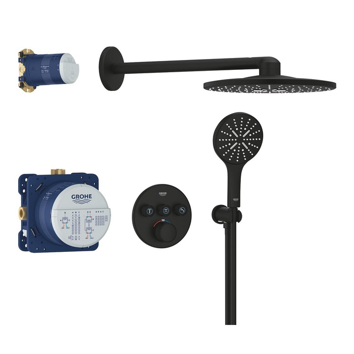 Sistem de dus Grohe SmartControl, incastrat, termostat, 310 mm, 2 functii, mat, negru, 34863KF0
