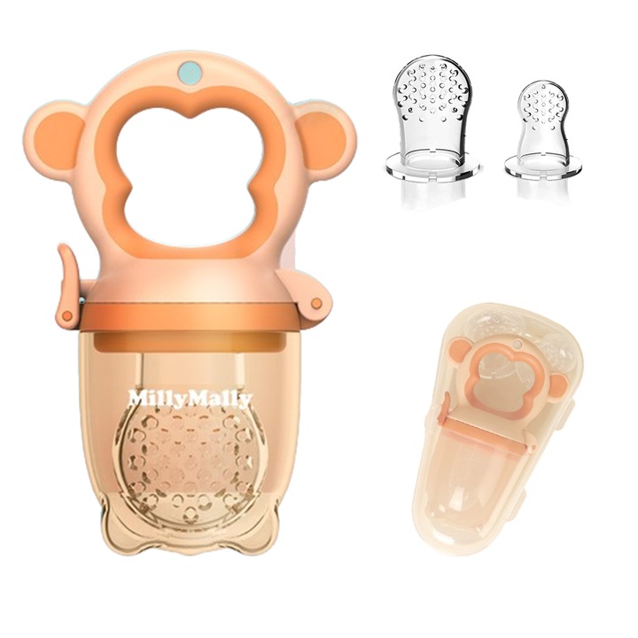 Комплект 3 залъгалки за плодове, силиконови, за многократна употреба, оранжеви, 3-12 месеца