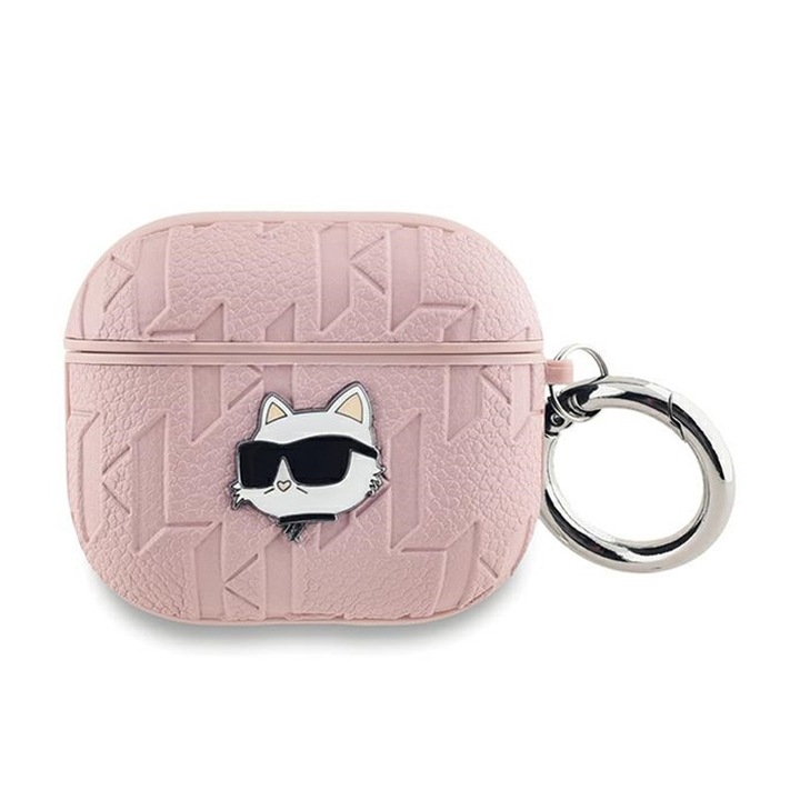 AirPods 3 Karl Lagerfeld Monogram Choupette-vel kompatibilis tok, ökológiai bőr, rózsaszín, karabinerrel