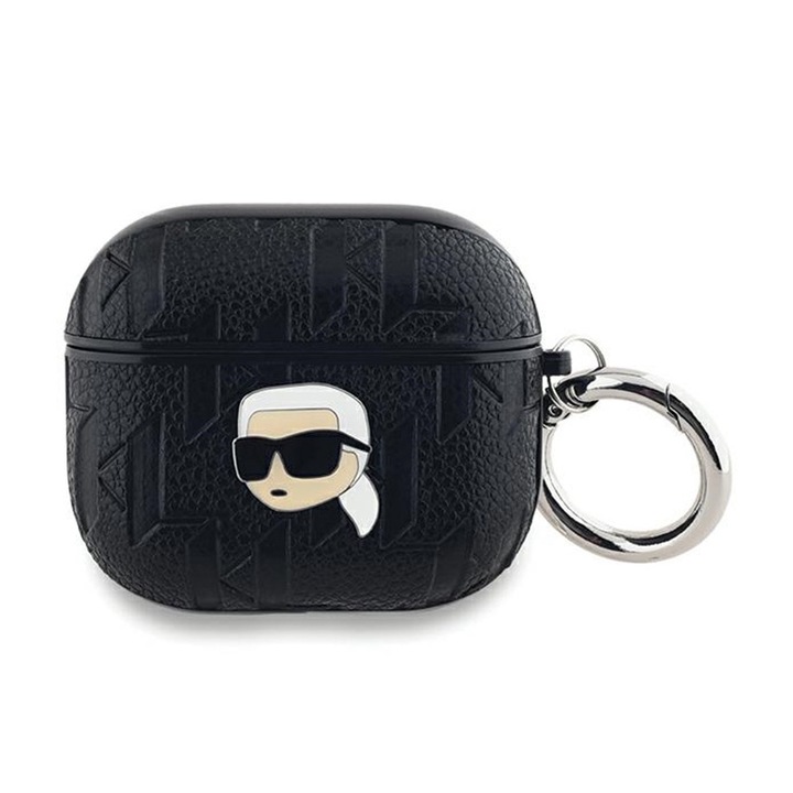 AirPods 3-mal kompatibilis fejhallgató tok, Karl Lagerfeld Monogram Karl Head, eco-bőr, levehető karabiner, fekete