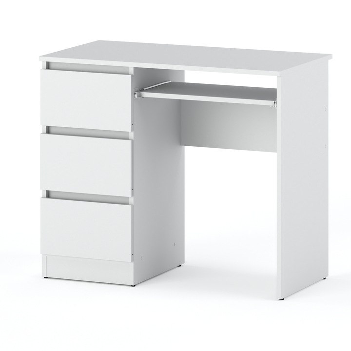 Birou, Stiv-Meble, Model BIURKO_3SZ_BMBM, Cu 3 Sertare, Cu 1 Raft, Design Modern, Constructie Solida, Forma ergonomica, Blat Mare, Utilizare Confortabila, Dimensiuni 90 x 50 x 77 cm, Placa Laminata, Alb Mat