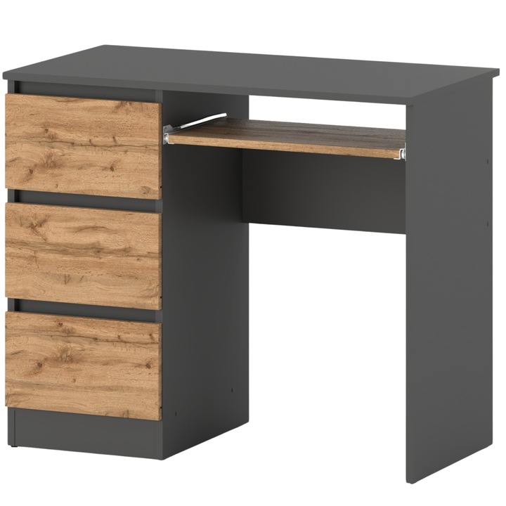 Birou, Stiv-Meble, Model BIURKO_3SZ_SZMWO, Cu 3 Sertare, Cu 1 Raft, Design Modern, Constructie Solida, Forma ergonomica, Blat Mare, Utilizare Confortabila, Dimensiuni 90 x 50 x 77 cm, Placa Laminata, Gri/Stejar Wotan