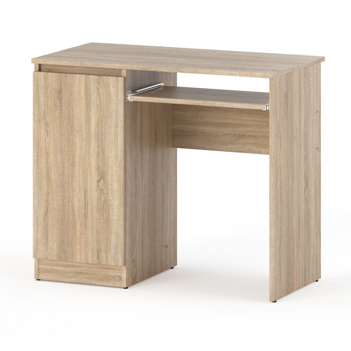Birou, Stiv-Meble, Model BIURKO_1D_SOSO, Cu 1 Usa, Cu 2 Rafturi, Design Modern, Constructie Solida, Forma ergonomica, Blat Mare, Utilizare Confortabila, Dimensiuni 90 x 50 x 77 cm, Placa Laminata, Stejar Sonoma