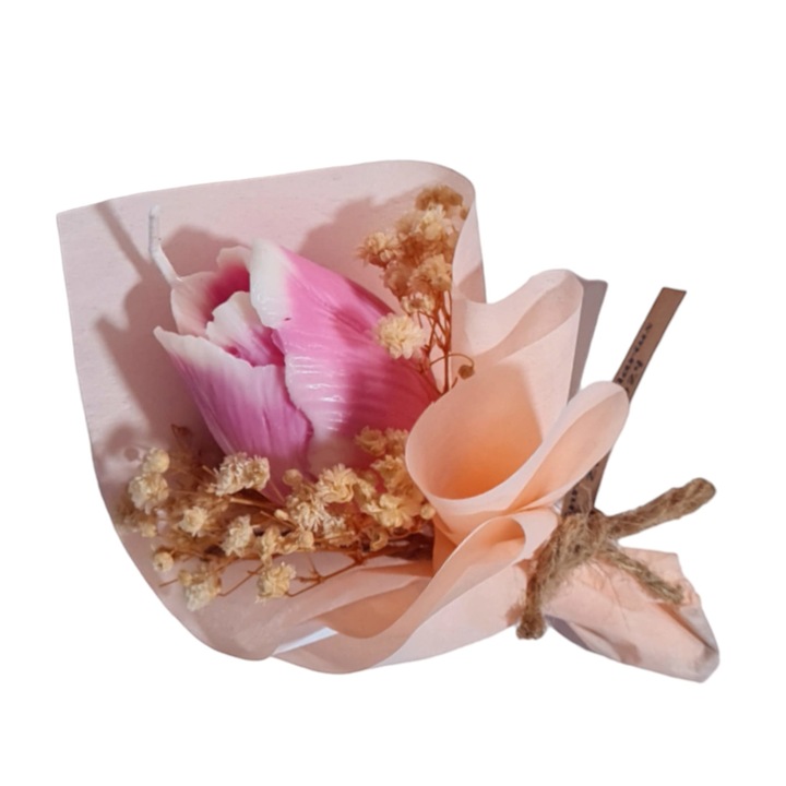 Marturie elegante Nunta buchetel lumanare trandafir roz si flori uscate si eticheta