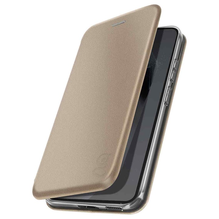 Husa carte pentru Samsung Galaxy A54, Flip Book cu Magnet intern, buzunar Card, Functie Stand, textura din Piele-Eco cu interior Microfibra si Silicon, 360° Elegance, Aurie