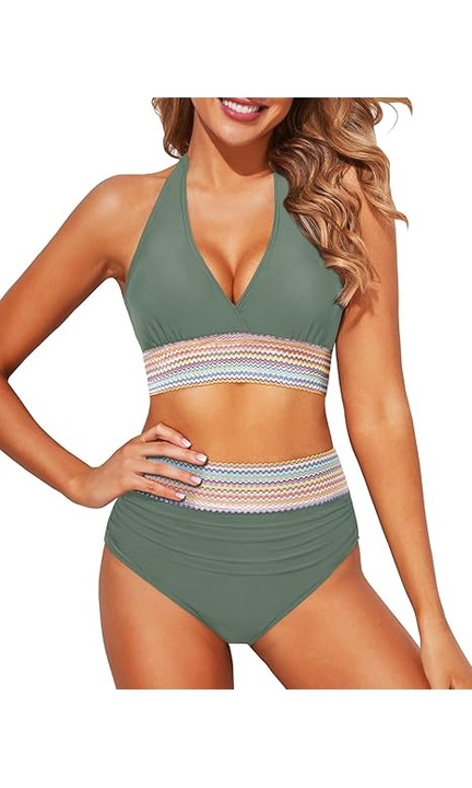 Costum de Baie pentru Femei, Doua Piese, Talie Inalta, Push-Up, Verde, Marimea M