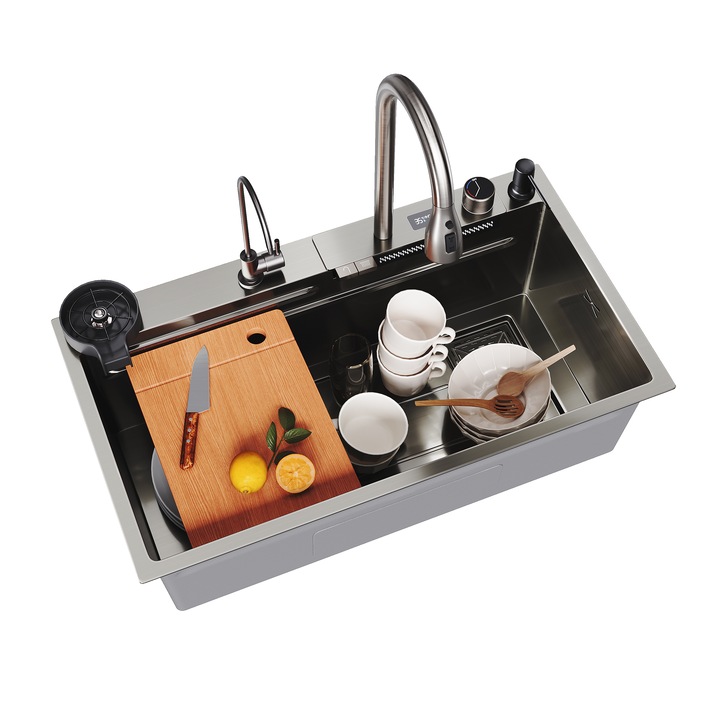 Chiuveta multifunctionala cu afisare a temperaturii, Baterie cascada, Otel inoxidabil, 75x45x23 cm