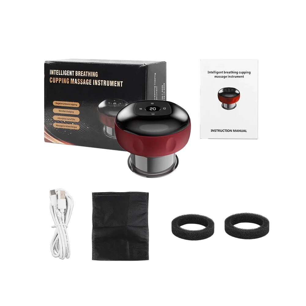 Aparat inteligent profesional de masaj cu ventuze electrice, razuire a punctului de acupunctura, pentru detoxifiere, aspirare in vid cu putere mare, compresa fierbinte pentru ameliorarea durerii, portabil, fara fir, acumulator 1200 mAh, rosu