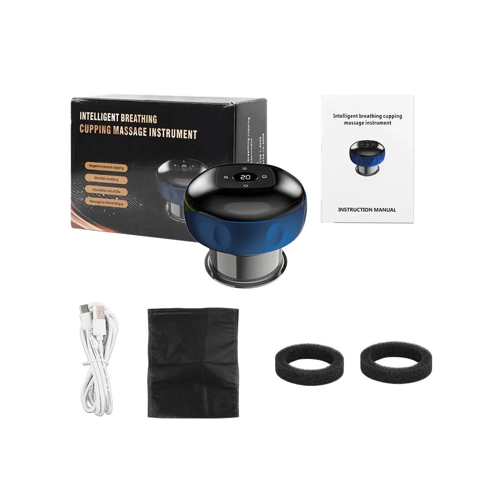 Aparat inteligent profesional de masaj cu ventuze electrice, razuire a punctului de acupunctura, pentru detoxifiere, aspirare in vid cu putere mare, compresa fierbinte pentru ameliorarea durerii, portabil, fara fir, acumulator 1200 mAh, albastru