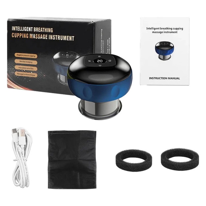 Aparat inteligent profesional de masaj cu ventuze electrice, razuire a punctului de acupunctura, pentru detoxifiere, aspirare in vid cu putere mare, compresa fierbinte pentru ameliorarea durerii, portabil, fara fir, acumulator 1200 mAh, albastru