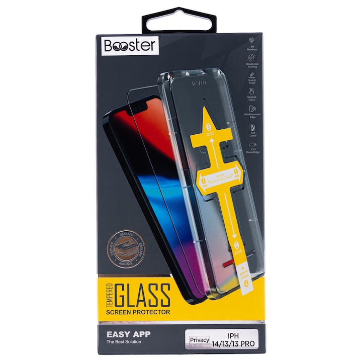 Folie sticla Booster, Privacy, compatibila cu iPhone 13, 13 Pro, 14, instalare rapida via dispozitiv special, Full Glue, securizata, duritate militara, Ultra HD, sticla profesionala, anti zgarieturi, anti socuri, margini negre, kit inclus, Easy App