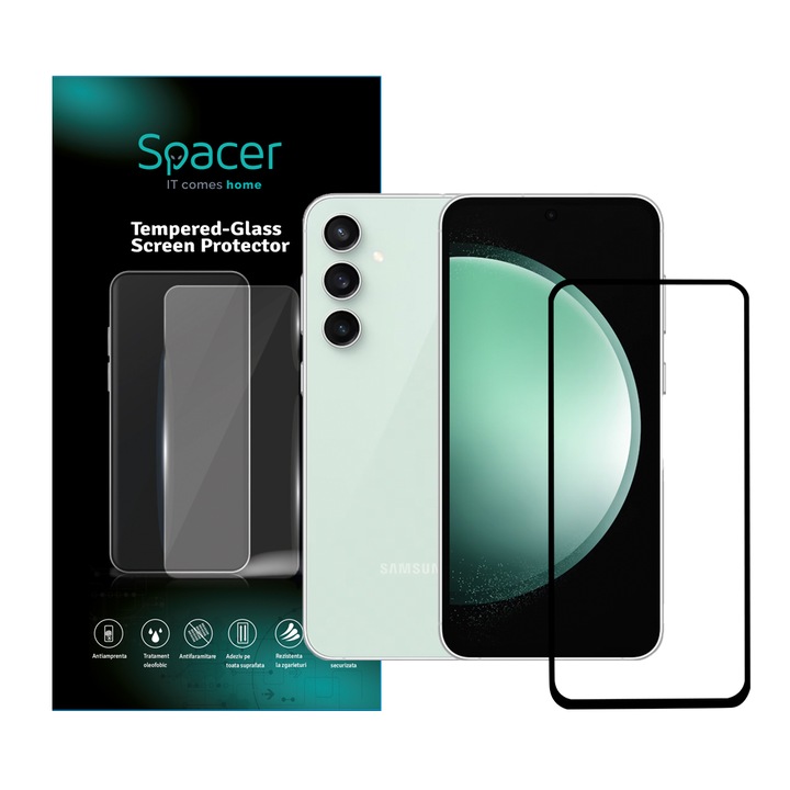Folie sticla Spacer pentru Samsung Galaxy S23 FE, grosime 0.3mm, acoperire totala ecran, strat special anti-ulei si anti-amprenta, Tempered Glass, sticla 9D, duritate 9H