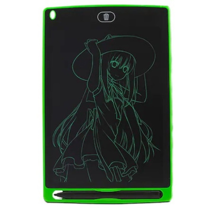 Tableta digitala pentru scris si desenat, diagonala 8.5 inch, ecran LCD, buton de stergere, pentru copii, stilou inclus, verde, Dactylion®