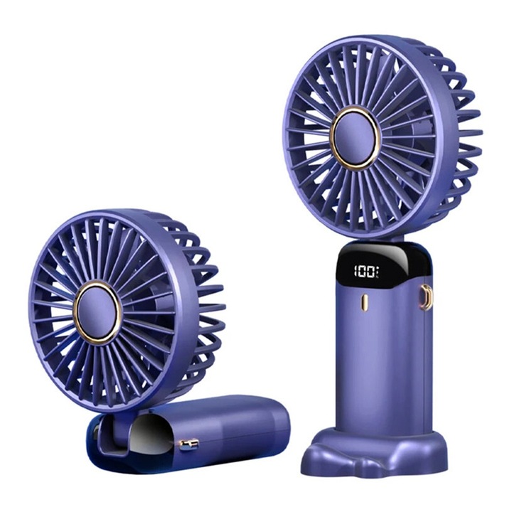 Ventilator AirFlex 5X Portabil, OPTIM SOLUTION, 5 Trepte de Viteza, Display LED, Design SMART in Miniatura, Unghi de 90°, High Wind Speed, Ultra-Silentios, Cooling Tech, Motor Puternic 4500RPM, Suport Telefon, Reincarcabil 5000mAh prin USB, Albastru