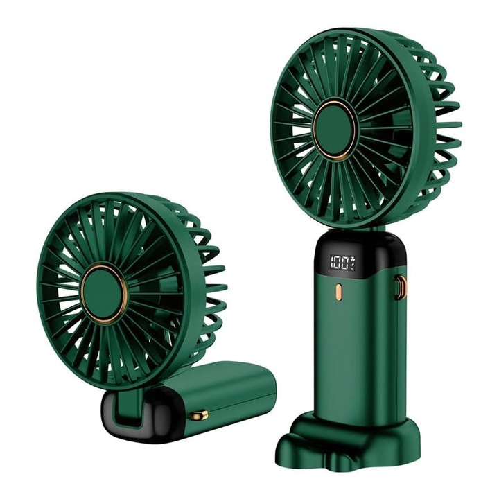 Ventilator AirFlex 5X Portabil, OPTIM SOLUTION, 5 Trepte de Viteza, Display LED, Design SMART in Miniatura, Unghi de 90°, High Wind Speed, Ultra-Silentios, Cooling Tech, Motor Puternic 4500RPM, Suport Telefon, Reincarcabil 5000mAh prin USB, Verde