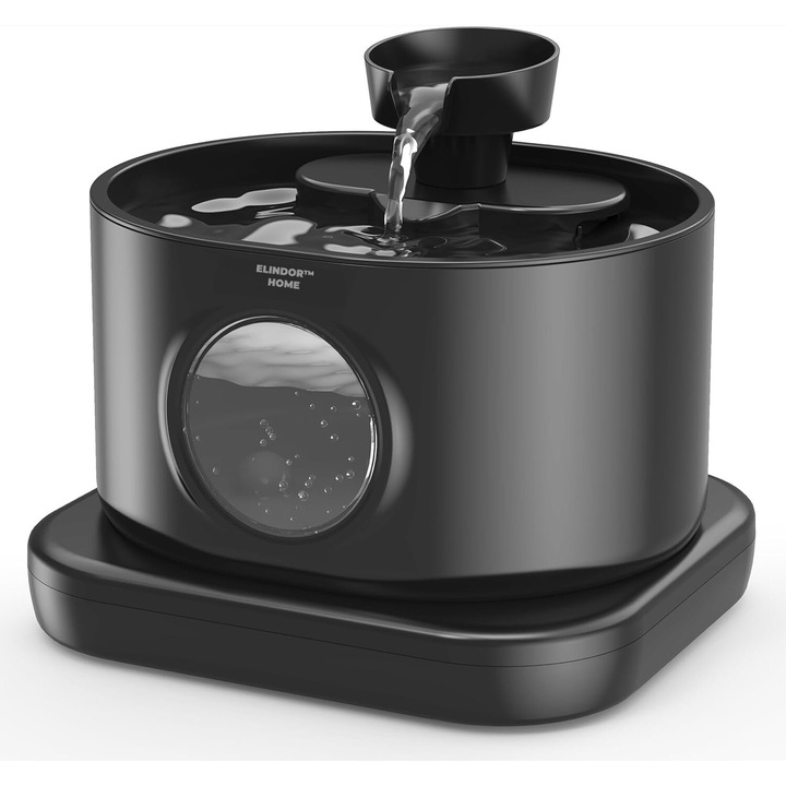 Fantana Apa Pisici si Caini Elindor®, Wireless, Senzor Miscare, Dispenser Automat cu Capac pentru Animale, Adapator cu Dubla Circulatie, Sistem de Purificare si Filtrare Carbune Activ, Flux Dublu, Filtru si Pompa Incluse, ABS, Capacitate 2.8L, Negru
