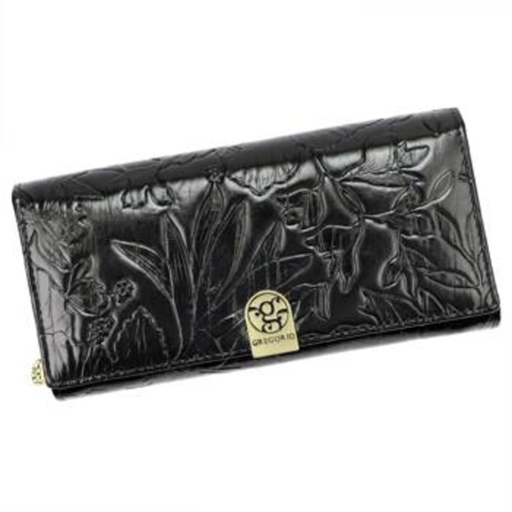 Portofel dama Gregorio, design floral, organizare multi-compartiment, protectie RFID, negru/auriu