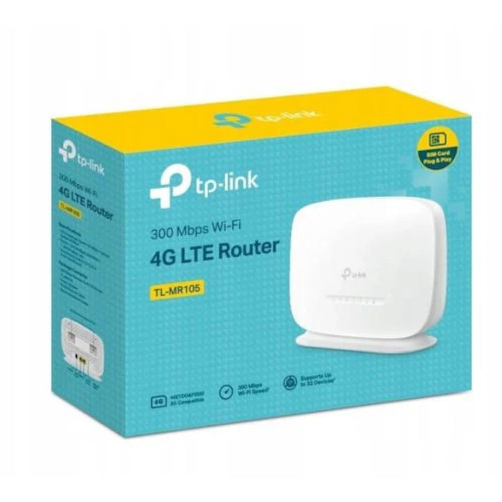Router Wireless TP-LINK TL-MR105, 4G LTE, 300 Mbit/s, 2 Porturi LAN, Alb, 174x60x130mm