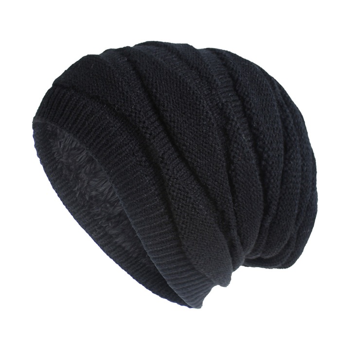 Téli sapka, Slouchy Beanie, Meleg bordás kötött sapka, Stretch Skull Cap nőknek és férfiaknak, fekete