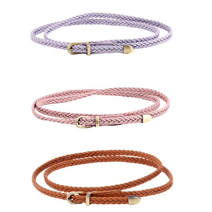 Комплект от 3 тънки плетени колана, Еко кожа, многоцветни, 99см