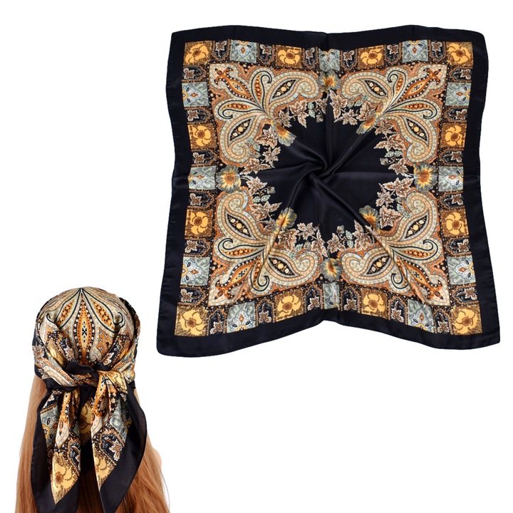 Esarfa patrata satinata 70x70 cm, material 100% poliester, multicolor, pentru femei