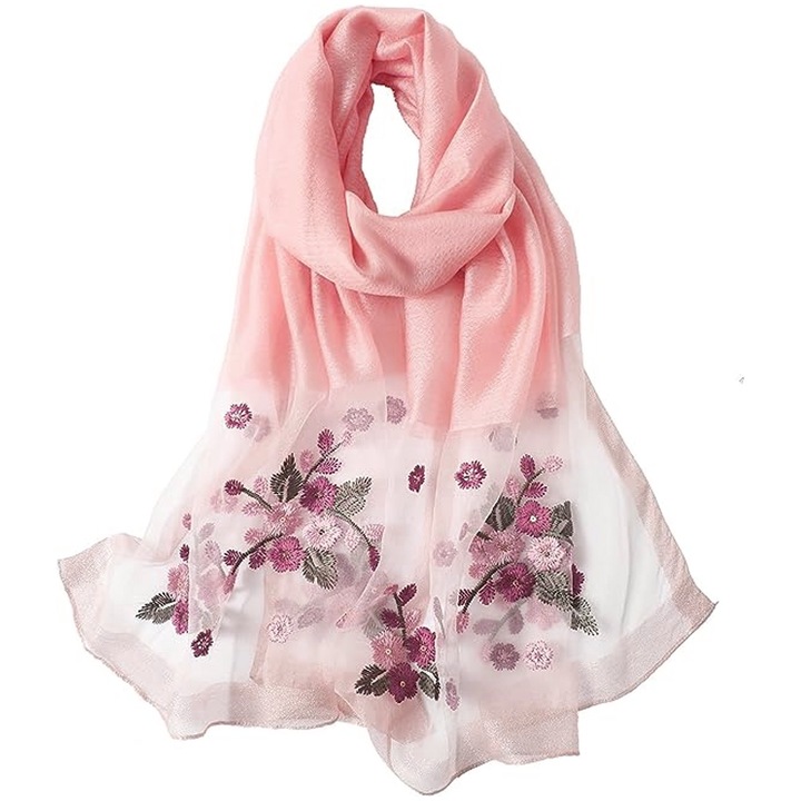 Esarfa din matase pentru femei, BGHYHYHI, neagra/crem/roz/verde, 70x190cm, set 1 bucata