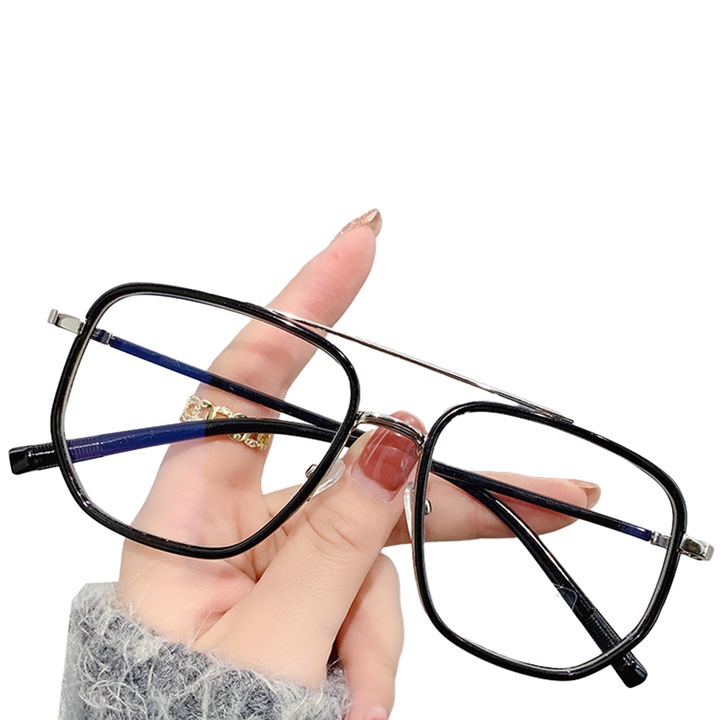 Ochelari de vedere, metal, lentile transparente, negru auriu albastru gri, 14.1x5x14.5cm