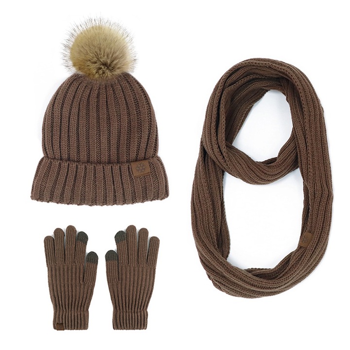 Set caciula, fular si manusi unisex, tricot, marime unica, maro