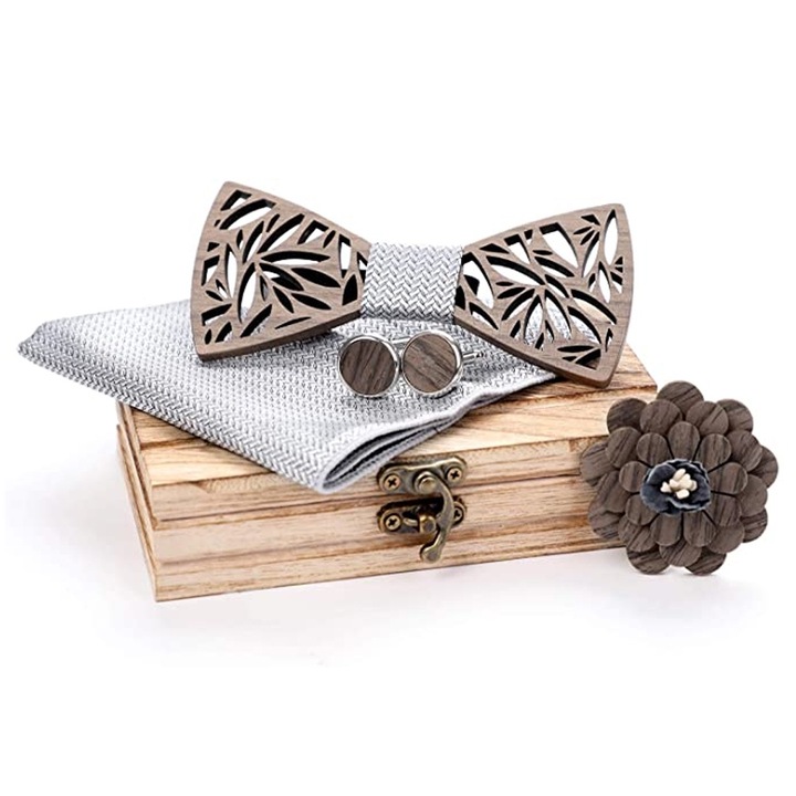 Мъжки комплект папийонка/копчета/кърпичка/брошка, QttvbTna, дърво/полиестер, сребро