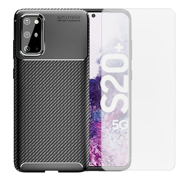 Set protectie Carbon Stripe compatibil cu Samsung Galaxy S20 Plus 5G, Acoperire 360, Protectie camera, Margini Ridicate, Constructie Ultra-Slim, Anti-amprente, Rezistent la socuri, Silicon/TPU, Negru