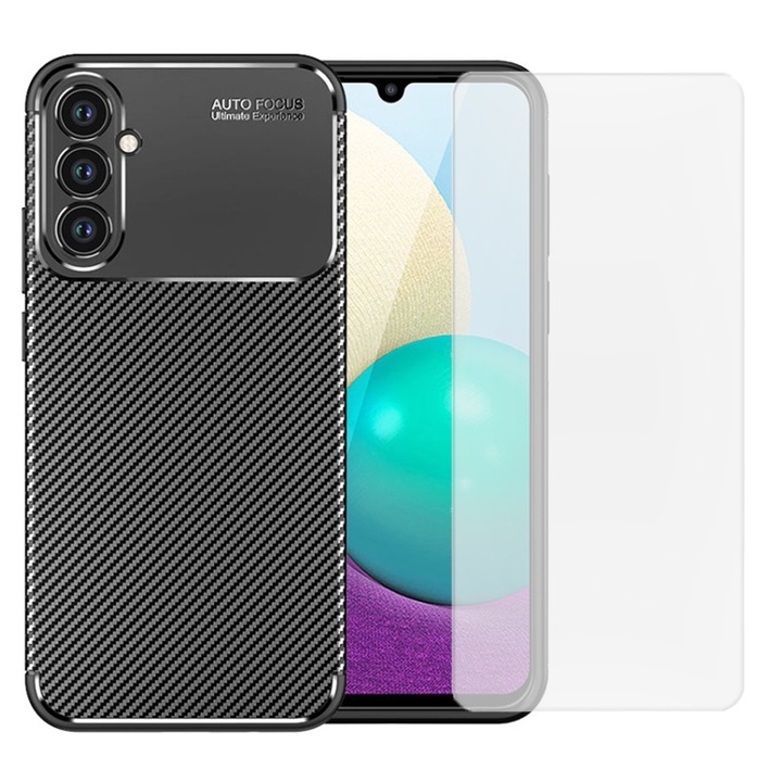 Carbon Stripe védőkészlet kompatibilis Samsung Galaxy A54, 360 lefedettség, Kameravédelem, Magas élek, Ultravékony felépítés, Ujjlenyomat-mentes, Ütésálló, Szilikon/TPU, Fekete