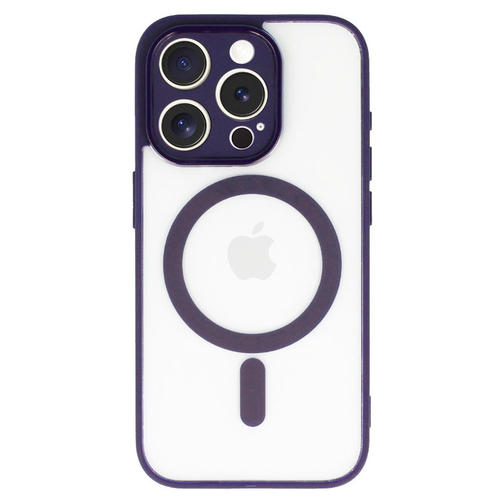 Husa de protectie tip MagSafe pentru Apple iPhone 13, Reinforced Magnetic Cover, Spate policarbonat, Margini poliuretan mat, Compatibila cu incarcare wireless, Antisoc, Mov/Transparent