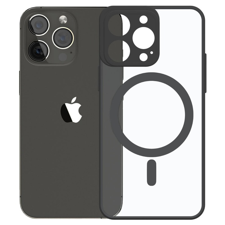 Husa tip MagSafe pentru Apple iPhone 13 Pro, Magnetic Defense Pro, Spate dur din policarbonat transparent, Cadru de poliuretan, Compatibila cu incarcare wireless, Protectie antisoc, Regular Fit, Negru