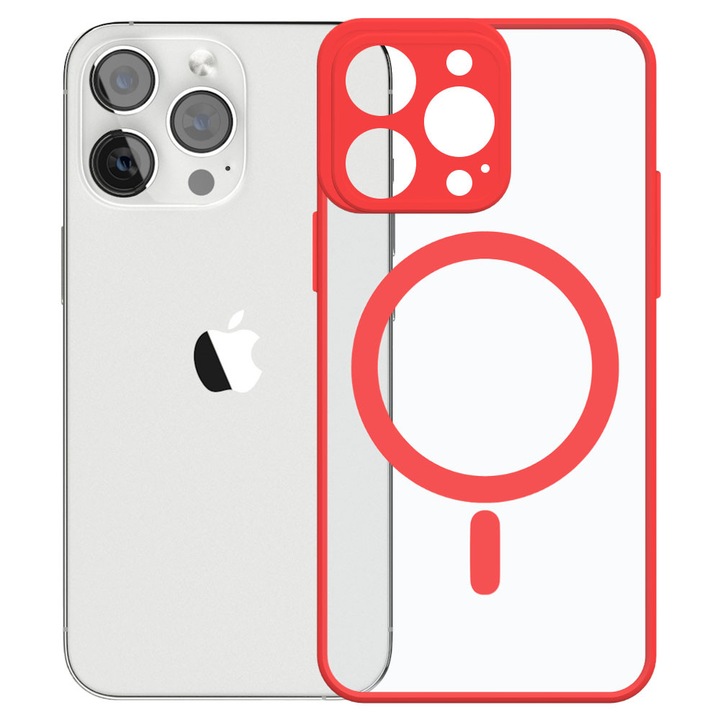 Husa tip MagSafe pentru Apple iPhone 13 Pro, Magnetic Defense Pro, Spate dur din policarbonat transparent, Cadru de poliuretan, Compatibila cu incarcare wireless, Protectie antisoc, Regular Fit, Rosu