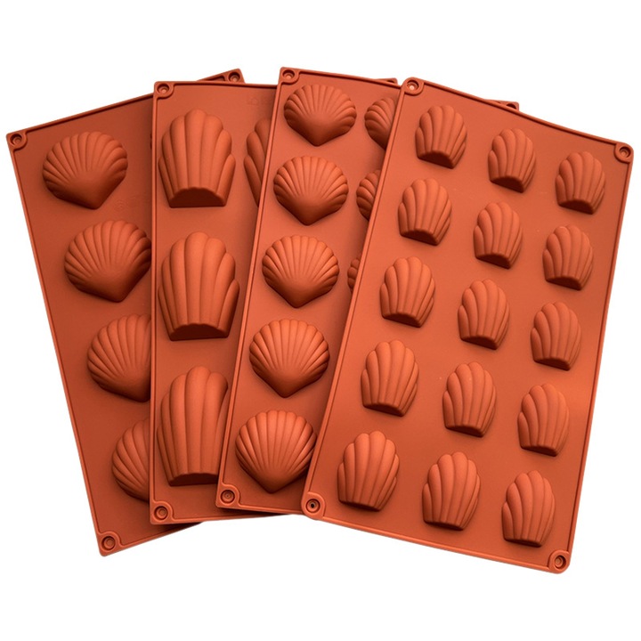 Set 4 forme prajituri din silicon, model scoica, rezistente la cuptor si frigider, sigure pentru masina de spalat vase si microunde