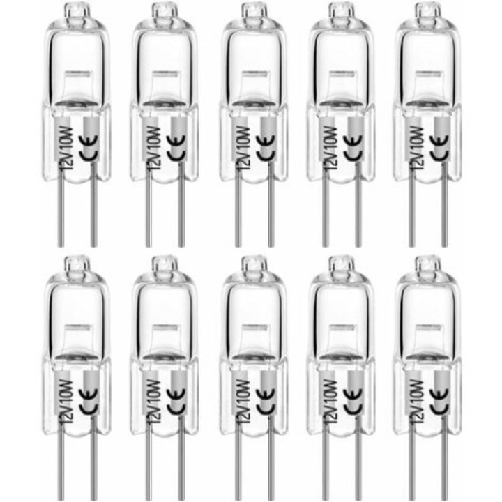Set 10 Becuri Halogen, 10W, 140 Lumeni, Lumina Calda 2700K, Dimabile, G4 Bi-Pin, 0.95x3cm, Multicolor