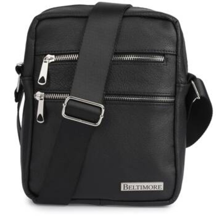 Beltimore férfi táska, bőr, cipzáras zsebek, fekete, 23x19x7cm