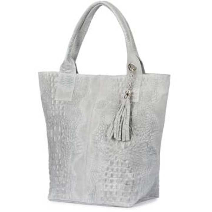 Дамска чанта Vera Pelle, колекция L94, естествена кожа, крокодилска текстура, сребриста, 36x26x18см, светлосива