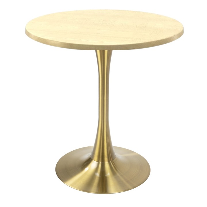 Masa bistro rotunda Raki Maple, D60xh74cm, blat werzalit si picior central metalic auriu cu baza rotunda 50cm