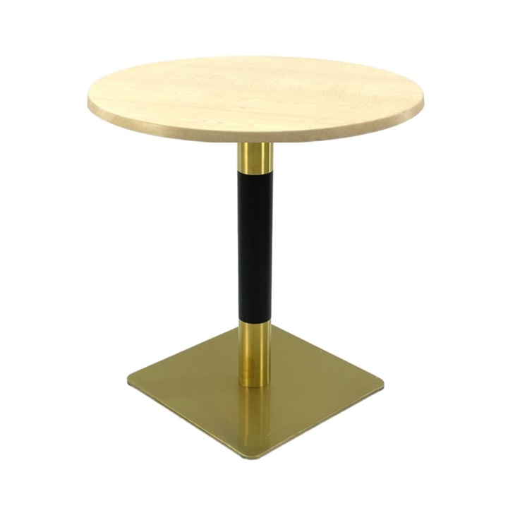 Masa cafenea rotunda Raki Maple, D70xh74cm, blat werzalit si picior metalic cu baza patrata auriu/negru