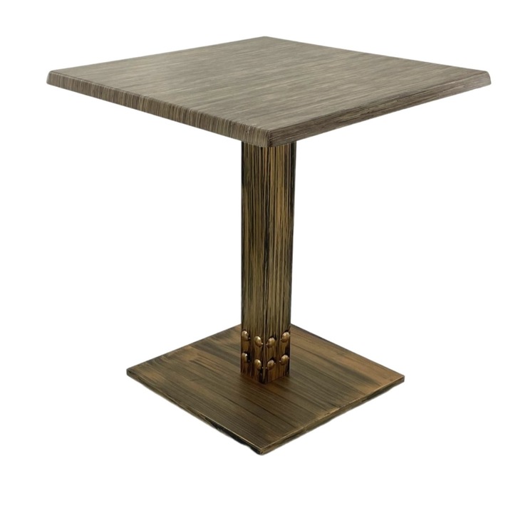 Masa pentru restaurant patrata Raki Dark Seagrass, 70x70xh74cm, blat werzalit si picior metalic cu baza patrata aspect vintage bronz antichizat