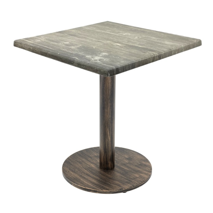 Masa restaurant/terasa patrata Raki Olp Pine, 70x70xh74cm, blat werzalit si picior metalic cu baza rotunda aspect vintage bronz antichizat